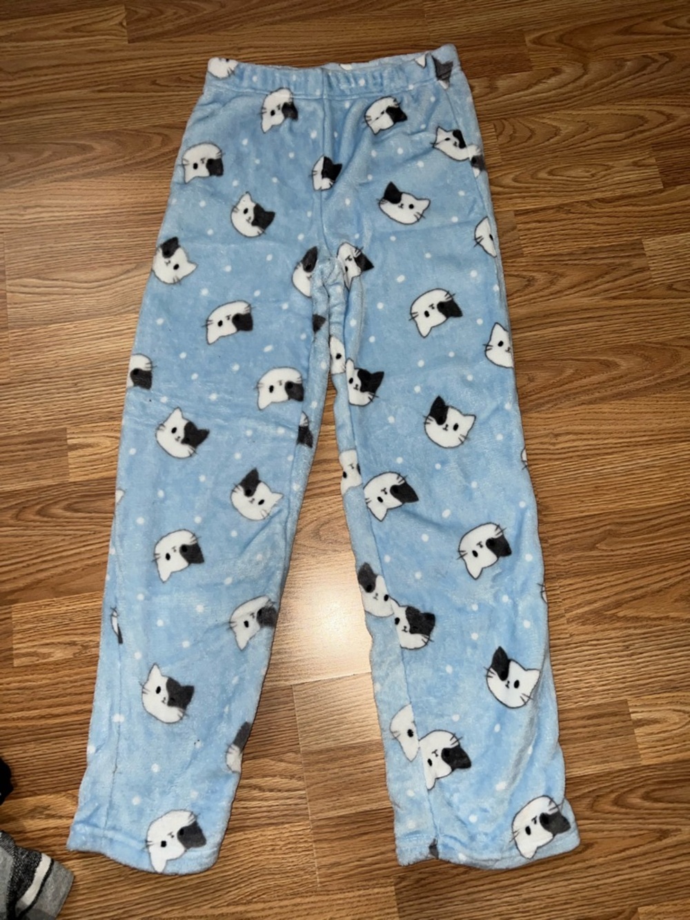 Light Blue Fleece Pajama Pants with Cat Print